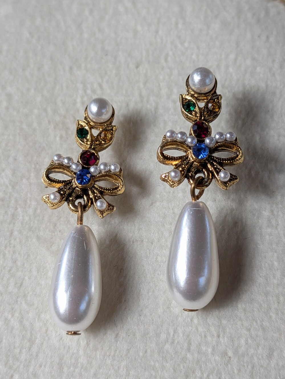 Elegant Gold Tone Faux Pearl & Rhinestone Bow Dangle Earrings